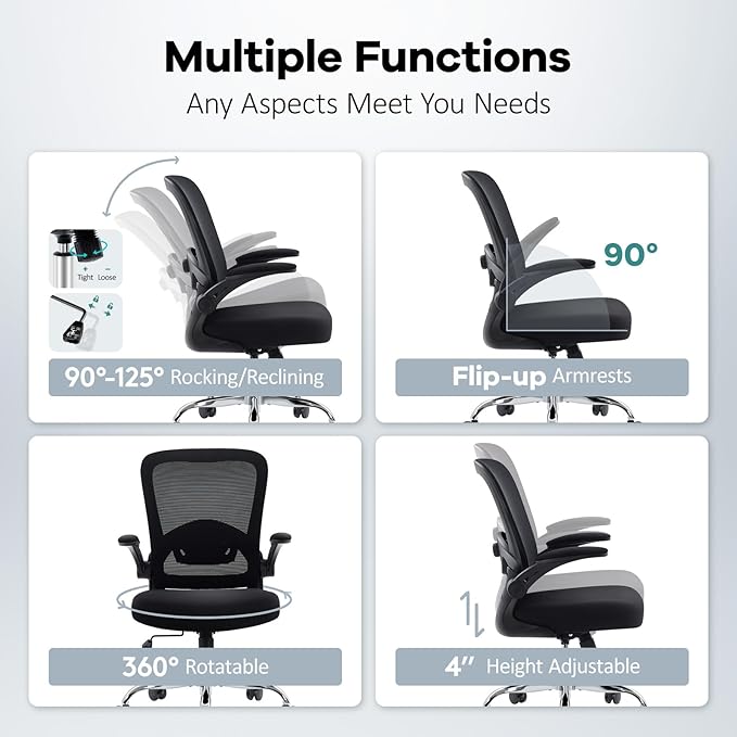 Office Chair,Ergonomic Desk Chair with Adjustable Lumbar Support, Mesh High Back Computer Chair with Flip-up Armrests,Rocking Tilt Rolling Swivel Executive Chair for Home Office Black