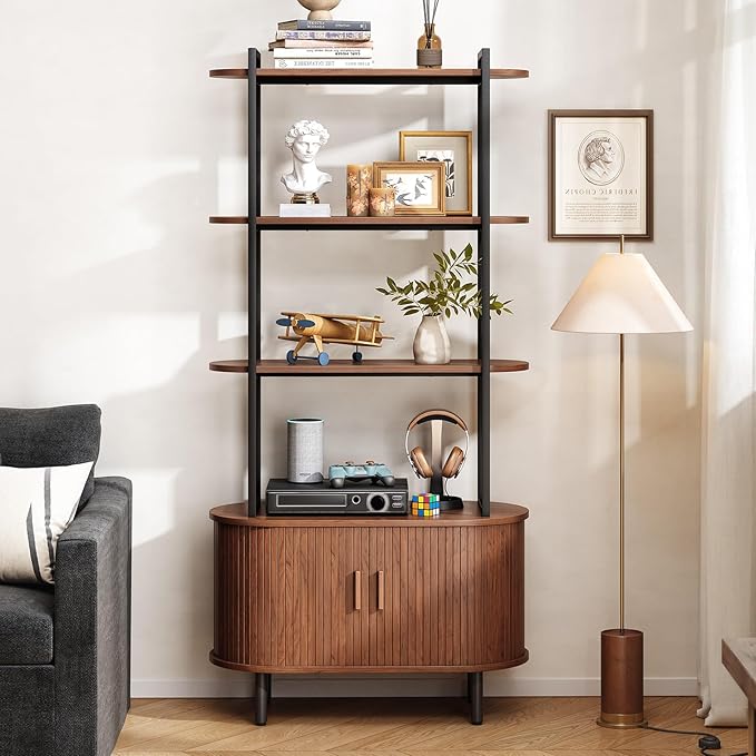 71" Tall Bookshelf, 4-Tier Book Shelf with Storage Cabinet, Modern Bookcase with Sliding Door and Adjustable Footpad, Freestanding Storage Organizer Bookshelf for Living Room, Bedroom, Walnut