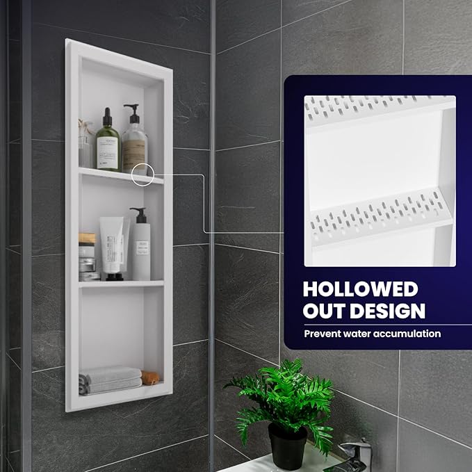 Stainless Steel Shower Niche 12" X 36"，3-Tier Shelf Niches Bathroom Shelf Recessed Wall Niche No Tile Needed Shower Shelf for Bathroom Storage(White, 12 x 36)