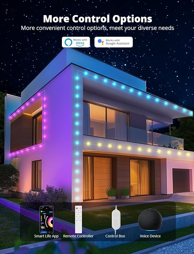 APPECK Permanent Outdoor Lights 50ft with 45 LEDs, RGB Color Changing Outdoor String Lights with 60lm Warm White, 111+ Scene Modes, APP/Voice/Remote Control, for Windows Storefront Holiday Decor