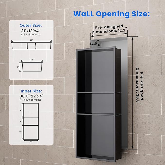 POPFLY 12"x30"x4" Dark Grey Shower Niche, 3 Layer Stainless Steel Recessed Shelf, No Tile Needed Recessed Storage Wall Niche for Bathroom/Laundry Room