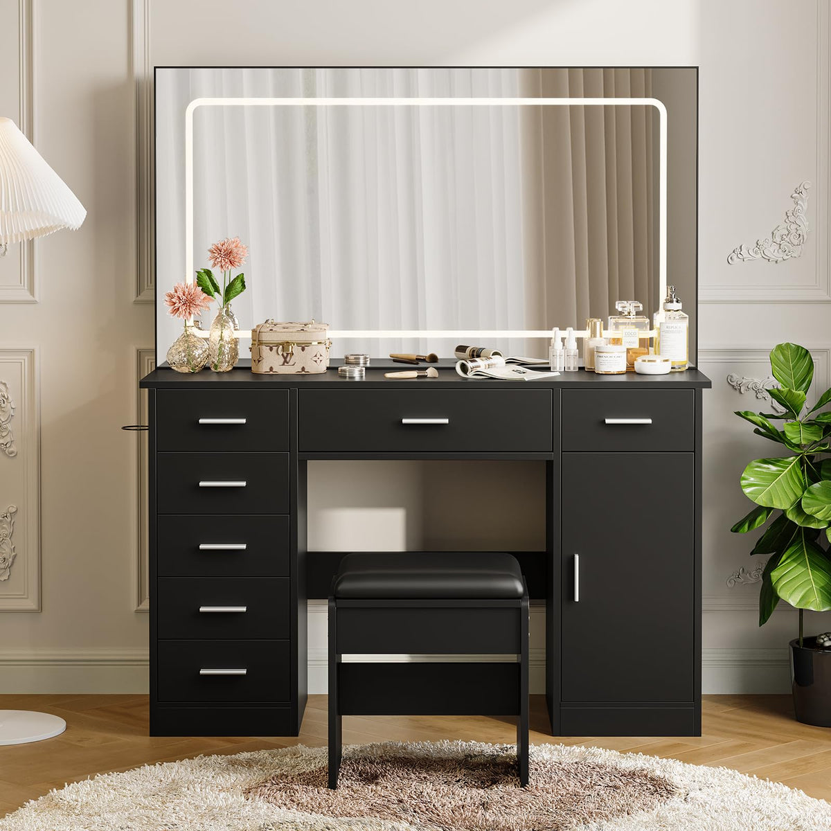 Garvee Modern Vanity Desk with Mirror & LED Lights – 7 Drawers,Black