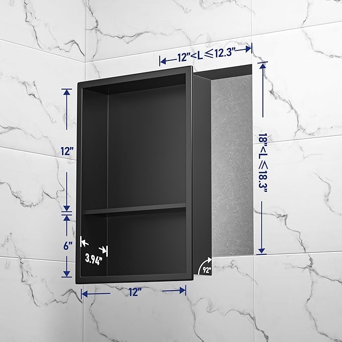 Stainless Steel Shower Niche 18" X 12" Matte Black No Tile Needed Vertical Niche Shower with Two- Tier Shelves Recessed Wall Niches for Bathroom Storage Over Mount Installation