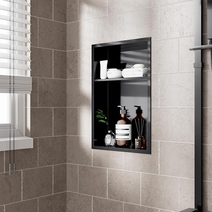POPFLY 12"x18" Stainless Steel Shower Niche, Recessed Bathroom Storage with Double Shelves, No Tile Needed 2 Level Insert Corners Wall Niche for Shower Room, Dark Grey