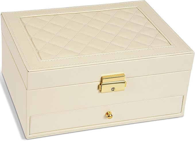 Jewelry Box for Women Girl Wife - Large PU Leather Jewelry Organizer Storage Case with Two Layers Display for Earrings Bracelets Rings Watches (Apricot)