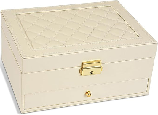 Jewelry Box for Women Girl Wife - Large PU Leather Jewelry Organizer Storage Case with Two Layers Display for Earrings Bracelets Rings Watches (Apricot)