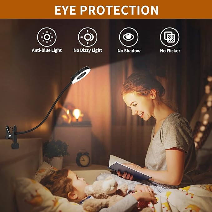iZELL Desk Lamp, LED Reading Light with Clamp, 3 Color Modes & 10 Brightness Flexible Gooseneck Book Light for Kids Reading Book in Bed at Night Clip on Table, Computer, Zoom Meetings - 27.6‘’ Black