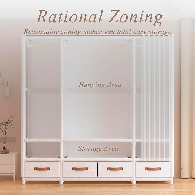 Portable Closet,Portable Closets for Hanging Clothes,Japanese Style Garment Rack with 3 Hanging Rods,9 Storage Shelves,56.2" L x 17.7" W x 65.1" H,White