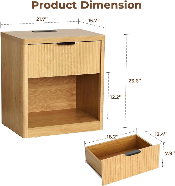 HOMMPA 22'' Fluted Nightstand Set of 2 with Charging Station, Modern Bedside Table w/Storage, Bedside End Table w/Open Compartment, Mid Century Modern Wood Night Stand for Bedroom, Living Room