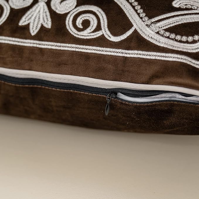 Aeckself European Floral Pillow Cover 16x16 Inch, Luxury Velvet Embroidered Decorative Throw Pillow Cover for Couch Bedroom Living Room, Brown and White