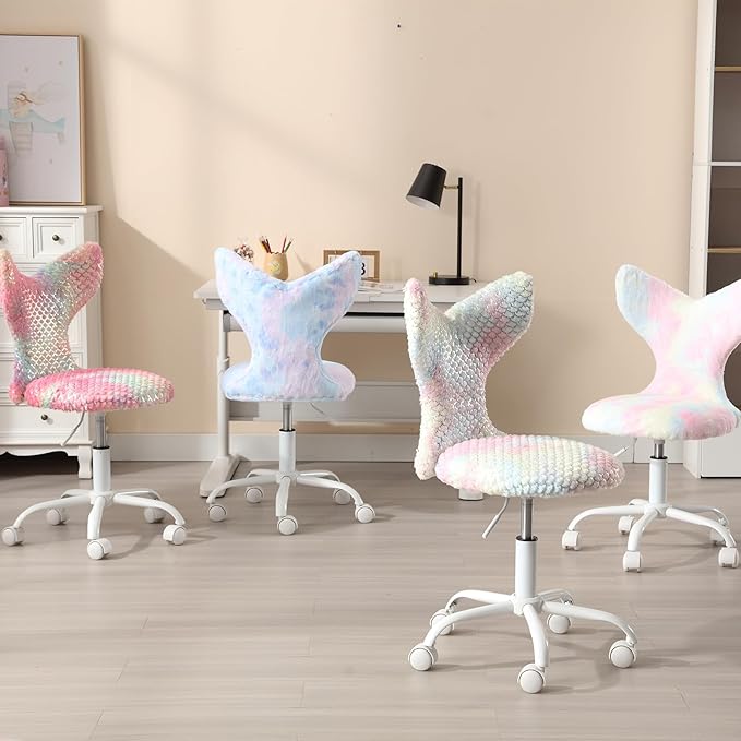Fuzzy Desk Chair, Cute Swivel Children Desk Chair with Wheels for Kids Bedroom Upholstered Rolling Study Chair Adjustable Computer Chair Mermaid Back Vanity Chair for Teen Girls Boys, Red Colorful