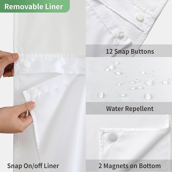 Stall No Hook Shower Curtain with Snap-in Fabric Liner Set,Waffle Weave Shower Curtains for Bathroom,Hotel Luxury Decor Bathroom Curtain Set,Waterproof & Washable,White,54Wx80H