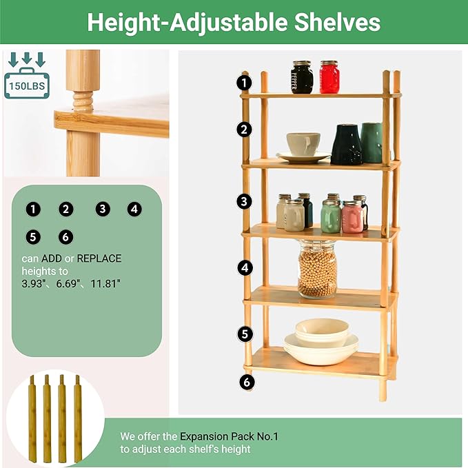 Bamboo Rack | Tool-Free Expandable (2-6 Tiers) | Kitchen Spice Organizer & Office Breakroom Snack/Cup Storage (Natural Bamboo)(Powered by Gogogo) (Natural, 15.6" W(4 Tier))