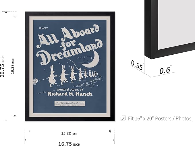 Poster Master All Aboard For Dreamland Poster - Retro Children's Lullaby Print - Story Book Art - Bunny Art - Rabbit Art - Aesthetic Art - Kid's Bedroom or Nursery Wall Decor, 16x20 Black Framed