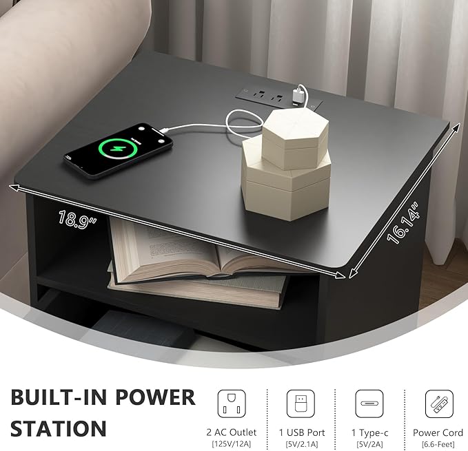Night Stand with Charger Station, Modern Nightstand with USB Type-C Ports and AC Outlets, Large Bedside Table with 2 Drawers and Open Storage, Wooden End Table for Bedroom (Black, 2 Drawers)
