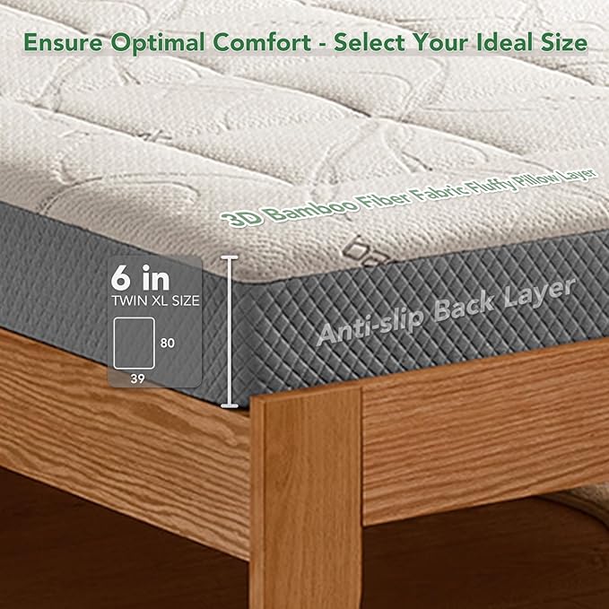 6 Inch Twin XL Memory Foam Mattress- CertiPUR-US Certified Foam Mattress in a Box -Medium Firm Support for Pressure Relief with Washable Bamboo Fiber Cover for Kids Single Bunk Trundle Bed