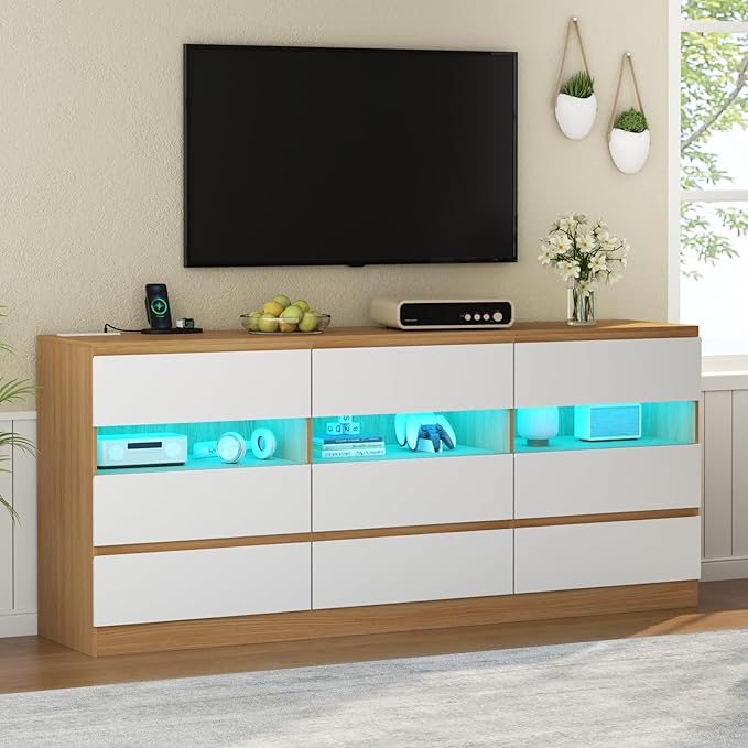Loomie 9 Drawer Triple Dresser with Charging Station & Led Lights for Bedroom,Long 63" Dresser TV Stand for TVs up to 75",Wide Large Drawer Dressers Organizer with 3 Cubbies for Hallway, Light Wood