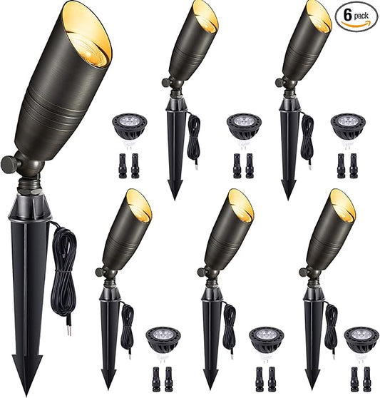 Low Voltage Spot Lights - Solid Brass Landscape Spotlight Wired, 12V Outdoor LED Bullet Uplights, Waterproof Electric Bronze for Patio Wall with 5000K Daylight MR16 Bulb (6 Pack)