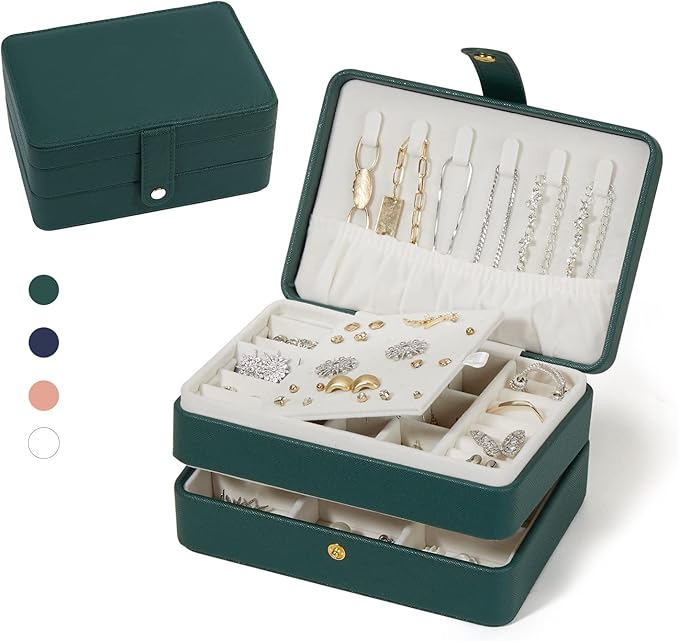 Jewelry Box for Women and Girls, PU Leather Made Jewelry Organizer, 3 Layers Jewelry Storage for Rings, Earings, Necklaces, Bracelets, Valentines Day Gifts (Green+Small)