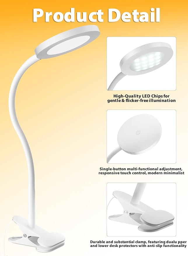 deeloop LED Clip on Light,100% Infinite Dimmable Reading Book Lights in Bed Headboard, 450LM Touch Control Desk Lamp with Clamp, Eye-Care 3 Color Temperature Flexible Gooseneck for Bedside Night Light