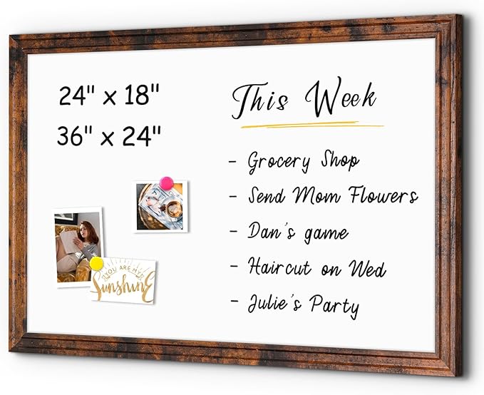 4 THOUGHT Dry Erase Board, 24" x 18" Magnetic Whiteboard Brown Vintage Wood Frame Wall-Mounted White Board Decorative Notice Board School, Office, Home, 6 Magnets 4 Markers 1 Eraser