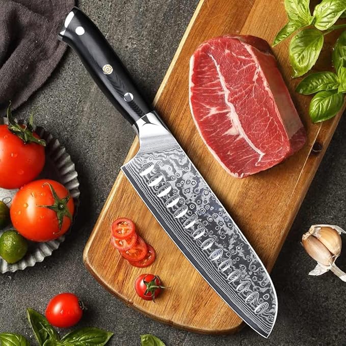 Professional Santoku Knife 7 inch - Classic Damascus pattern Japanese VG-10 Steel Chef Knife