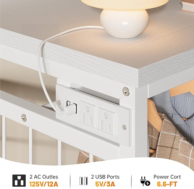 EnHomee 49.2" W White Dresser for Bedroom with Hanging Rack, 6 Drawers Dresser with LED Lights & Charging Station, Fabric Dressers & Chest of Drawers with Clothes Rack, Wooden Top, Grid Panel, Closet