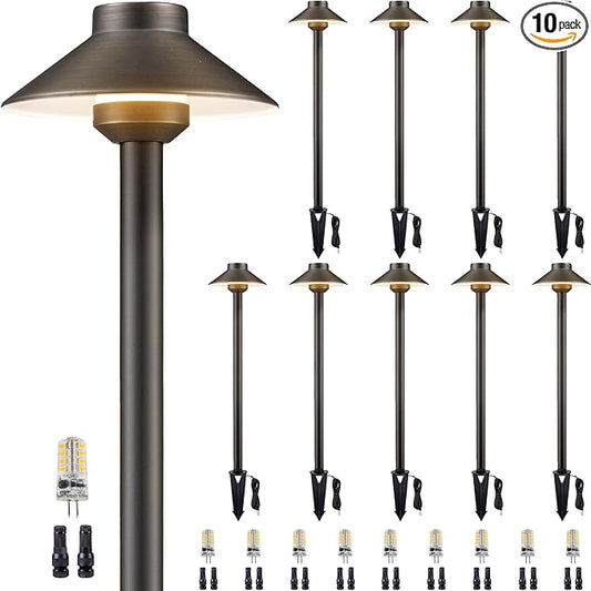 12V Brass Landscape Path Lights - LED Low Voltage Pathway Lamp IP65 Waterproof, Outdoor Walkway Lighting Wired, Hat Bronze for Patio Lawn with 3W 270LM 5000K Daylight G4 Bulb (10 Pack)