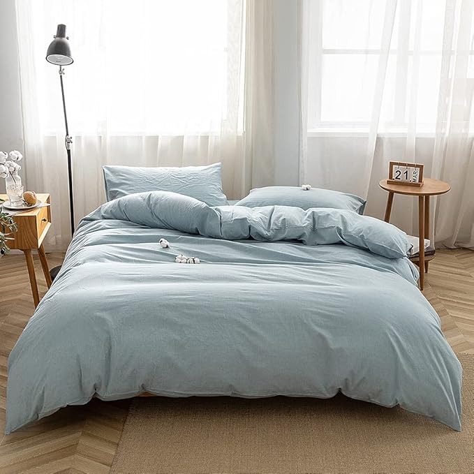 FACE TWO FACE Bedding Duvet Cover Set 3 Pieces 100% Washed Cotton Duvet Cover Linen Like Textured Breathable Durable Soft Comfy (California King, Light Blue)