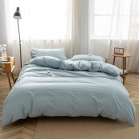 FACE TWO FACE Bedding Duvet Cover Set 3 Pieces 100% Washed Cotton Duvet Cover Linen Like Textured Breathable Durable Soft Comfy (California King, Light Blue)
