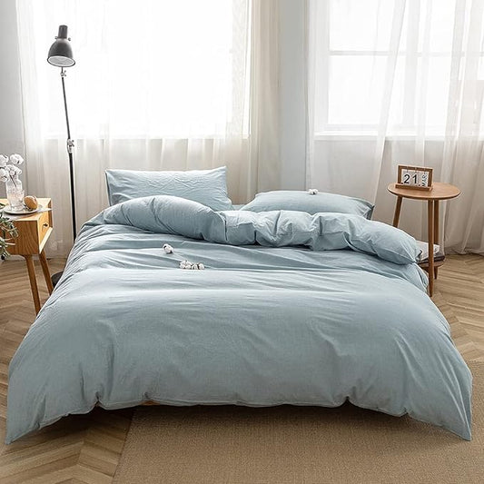 FACE TWO FACE Bedding Duvet Cover Set 3 Pieces 100% Washed Cotton Duvet Cover Linen Like Textured Breathable Durable Soft Comfy (Queen, Light Blue)