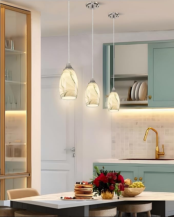 Mini Pendant Lights Kitchen Island Light Brown Glass Lamp Shade Hand Blown Glass Pendant Light with Brush Nickel Finish Adjustable Cord for Kitchen Over Sink (Green Marble-1Packs)
