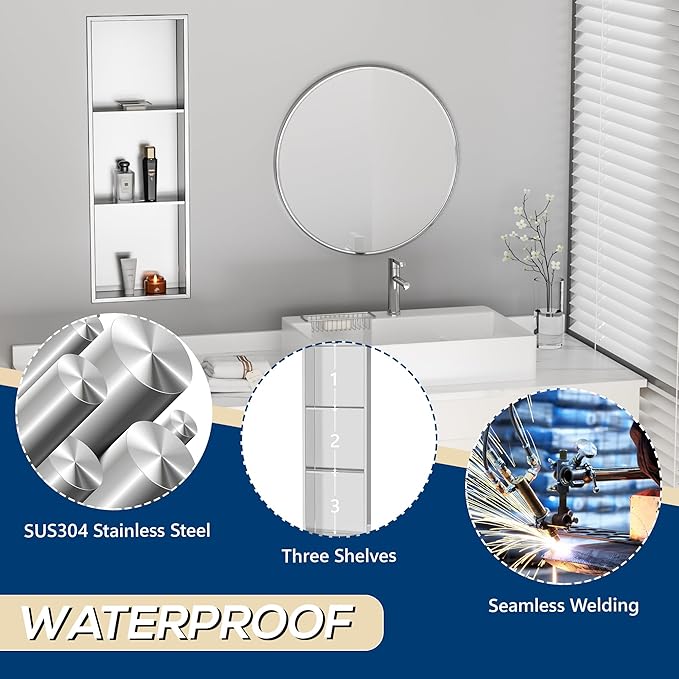 Stainless Steel Shower Niche 12" X 36", Bathroom Wall Niche Three-Tier, No Tile Needed Recessed Shower Shelf for Bathroom Storage, Brushed Nickel