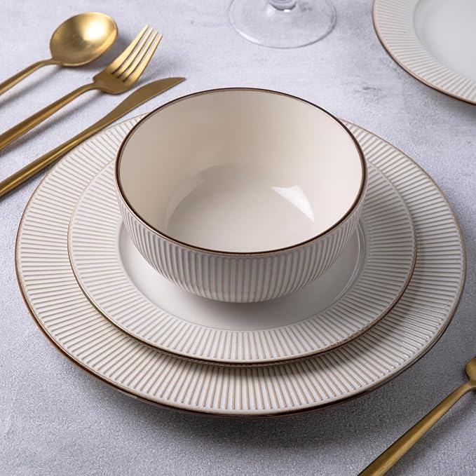 GBHOME Ceramic Dinnerware Sets, 24 pcs Embossed Elegant Stoneware Plates and Bowls Sets, Housewarming Wedding Gift | Dishwasher & Microwave Safe | Dishes Set Service for 8