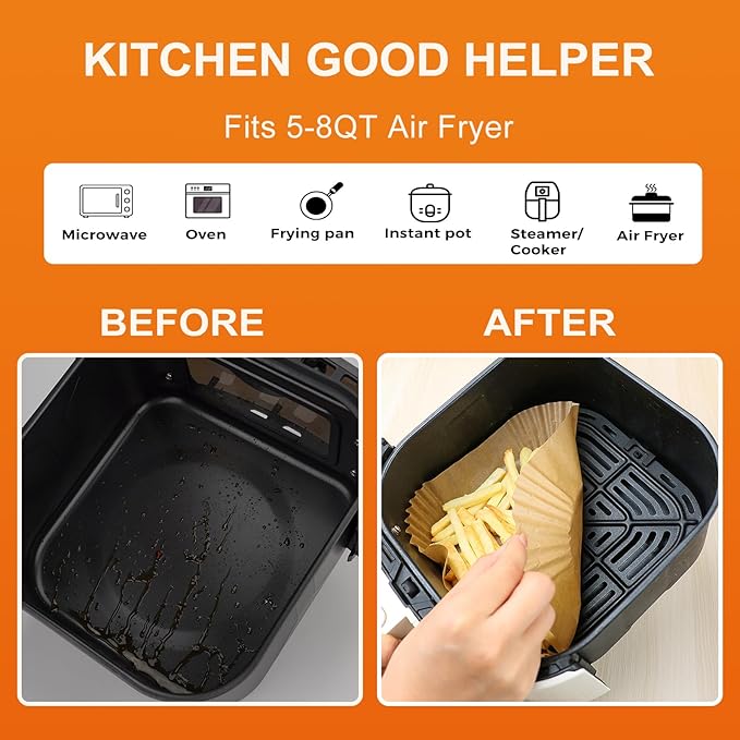Ctizne Air Fryer Liners Disposable: 200PCS 8 Inch Square Parchment Paper Liner, Non-stick Oilproof Baking Paper Sheets for 5-8 QT Airfryer Basket