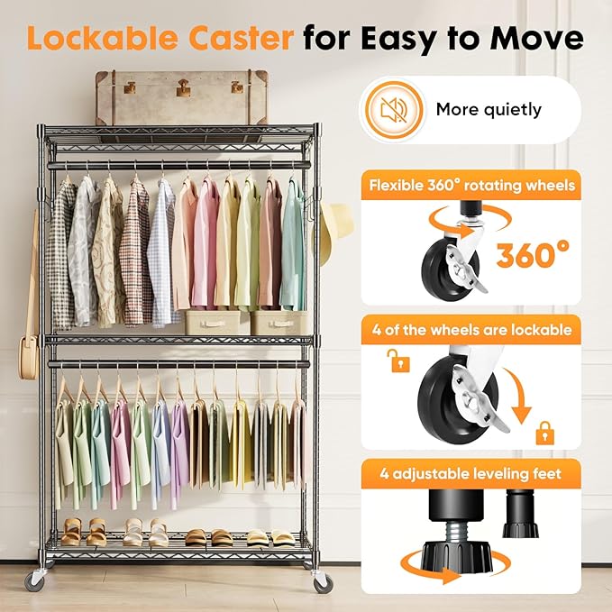 Sweetcrispy Rolling Clothes Rack, Heavy Duty Garment Racks 3 Tiers Portable Adjustable Wire Shelves with Wheels, Hanging Rods & Side Hooks Metal Freestanding Clothing Wardrobe Closet - Black