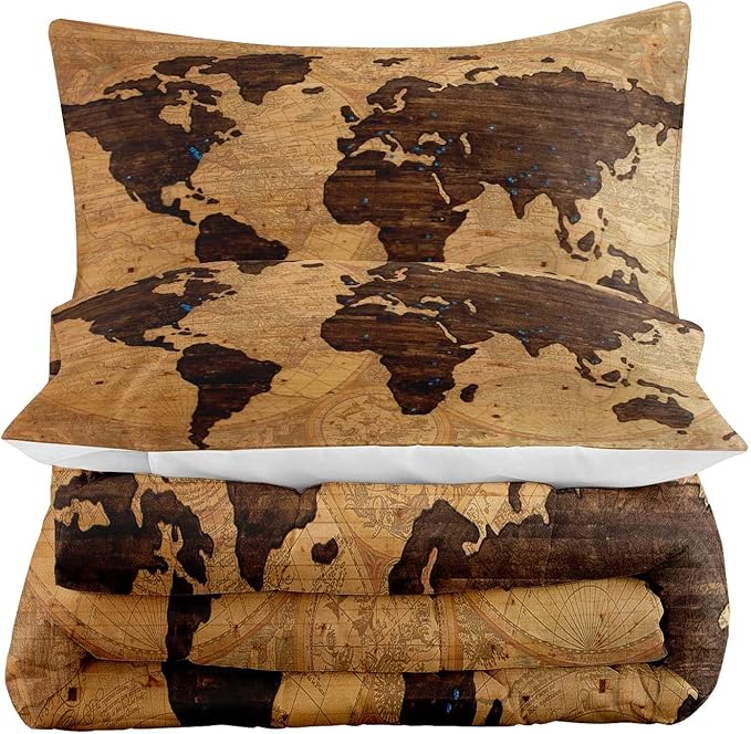 Tailor Shop World Map Comforter Set for Boys Girls Kids Teens ，Retro Yellow Vintage Nostalgic World Map Bedding Sets Full Size 3 Pieces with 1 Comforter 2 Pillowcases