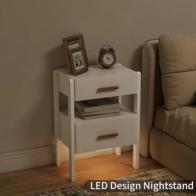Nightstand with 2 Drawers and Open Shelf Wood Bedside Table Gold Handles Storage Night Stand with Light for Bedroom, White