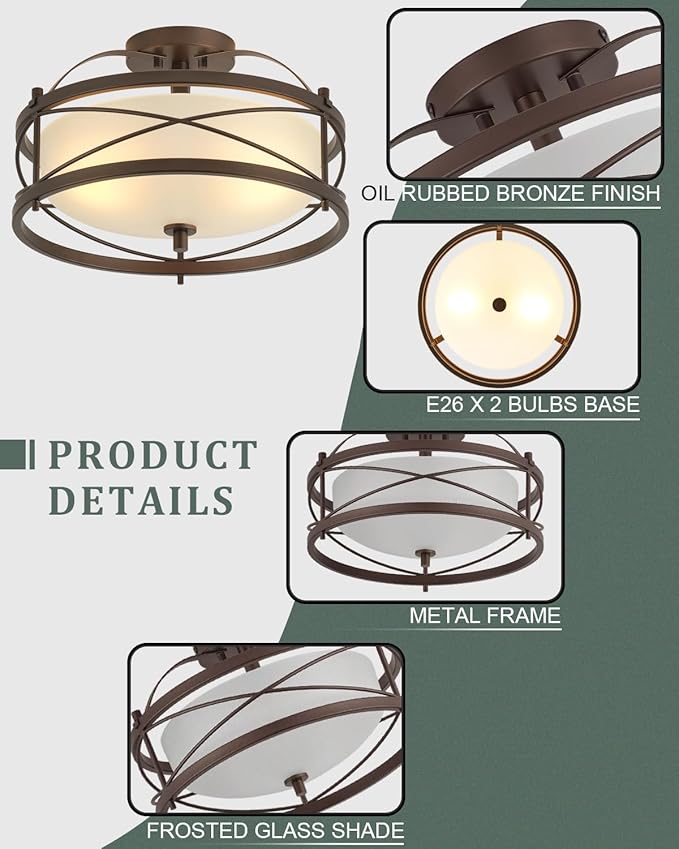 Entryway Drum Light Fixtures, Semi-Flush Mount Rustic Ceiling Light for Hallway Living Room Bedroom Kitchen (Old Bronze Finished)