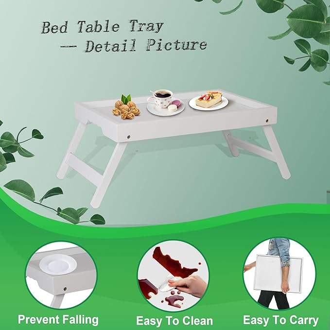 Bamboo Bed Tray Table with Foldable Legs, Breakfast in Bed Tray for Kitchen Serving Tray, Eating, Working, Drawing Tray (2 Pack, White)