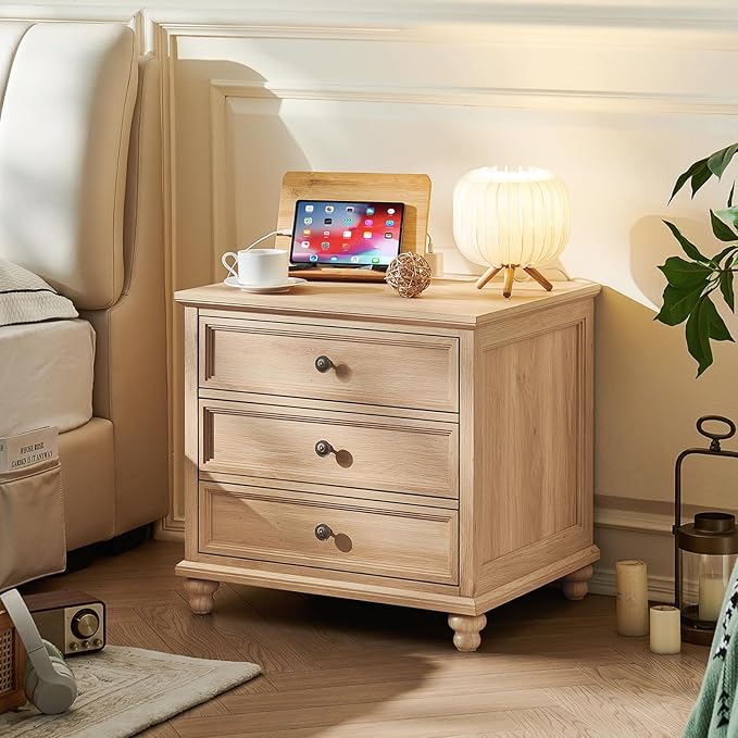 Farmhouse Nightstand Set of 2 with Charging Station, 24" Wide End Table with 3 Drawers,Dresser for Bedroom,Bed Side Table Chest of Drawers Cabinet,Wood Natural Night Stand for Living Room