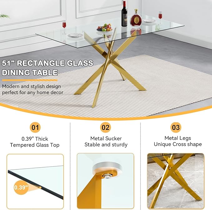 Goujxcy Glass Dining Table Set for 4, Modern Kitchen Table and Chairs Set of 4, 5-Piece Kitchen Dining Room Table Set w/51 Gold Glass Dining Table and 4 Black Velvet Upholstered Chairs