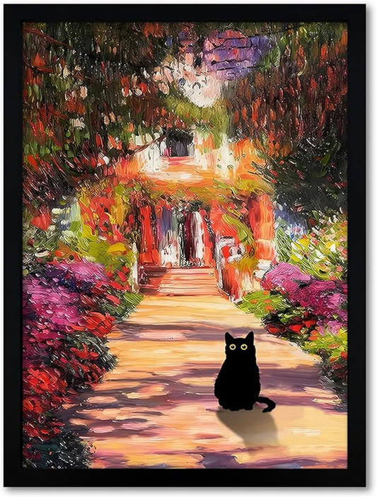 Krtoni Framed Vintage Monet Garden Cat Canvas Wall Art, Famous Oil Paintings Monet Flowers Black Cat Wall Decor, Cute Kitten Lovers Aesthetic Print For Farmhouse Gallery Bedroom Bathroom 24''L x 16''W