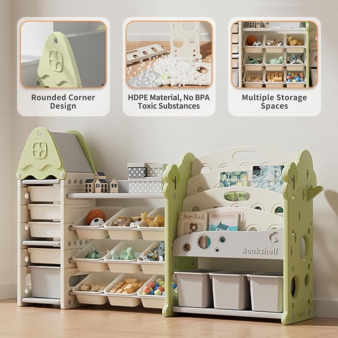 Kids Toy Storage Organizer with 17 Removable Bins, 4-Tier Bookshelf for Kids, Multi-Purpose Castle-Shaped Toy Organizer for Playroom, Bedroom, Nursery, Living Room (Green)