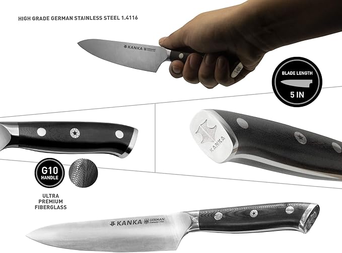 KANKA 5 Inch Utility Kitchen Knife – German Stainless Steel Professional Cutlery with Premium Fiberglass Handle, Razor Sharp Blade for Cutting, Slicing, Carving, Peeling, Fruit & Meat