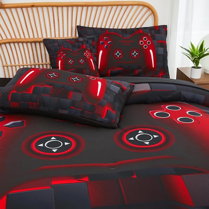 PERFEMET Boys Bedding Set Twin Size 6-Piece Game Console Comforter Set for Kids Teen 3D Black and Red Gamepad Gaming Bed in a Bag Matching Sheet Set(Red, Twin)