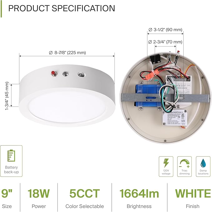 ASD LED 9" Round Flush Mount Ceiling Light Fixture, Low Profile Surface Lighting | 5CCT, Dimmable, Battery Backup, ETL Listed | 18W 1600LM 2700-6000K 120V | Kitchen, Bedroom, Hallway Lamp | White