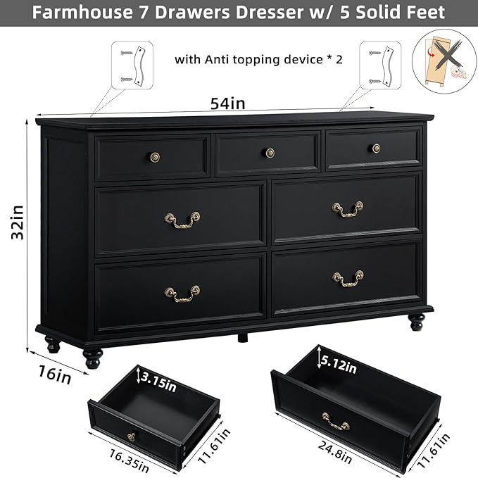 Farmhouse 7 Drawers Dresser for Bedroom, Black 54 Inch Wide Chest of Drawers w/ 4 Wooden Legs, Large Vintage Rustic Closet Dressers for Living Room, Wood TV Stand with Storage Organizer