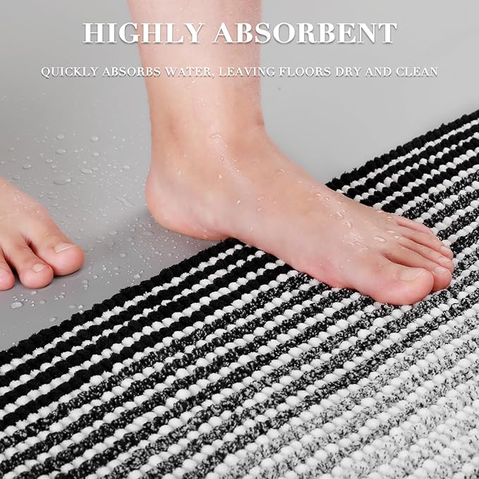 BSICPRO Bathroom Rugs and Mats Sets, 2 Piece Thick Absorbent Chenille Bath Mat Rug Set Non Slip, Soft Shaggy Bath Room Floor Mats for Bathroom, Machine Washable (Black, 24" x 70" Plus 20" x 32")