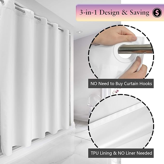 Extra Long No Hook Shower Curtain TPU Lining & No Required Liner, 71" x 86"(84") Hotel Fabric Shower Curtain for Bathroom, Bottom Magnets & Waterproof, White, 71x86